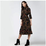 Black & yellow polyester chain print roll up sleeve below knee dress, patterned fashion for women's casual wear