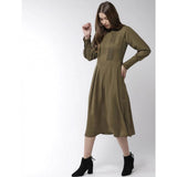 Olive polyester pintuck long sleeves below knee dress for women, classic style with round neckline and detailed stitching