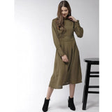 Olive polyester pintuck long sleeves dress for women, below knee length with round neck