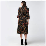 Black & yellow polyester chain print roll-up sleeve below knee dress - casual fashion accessory for women