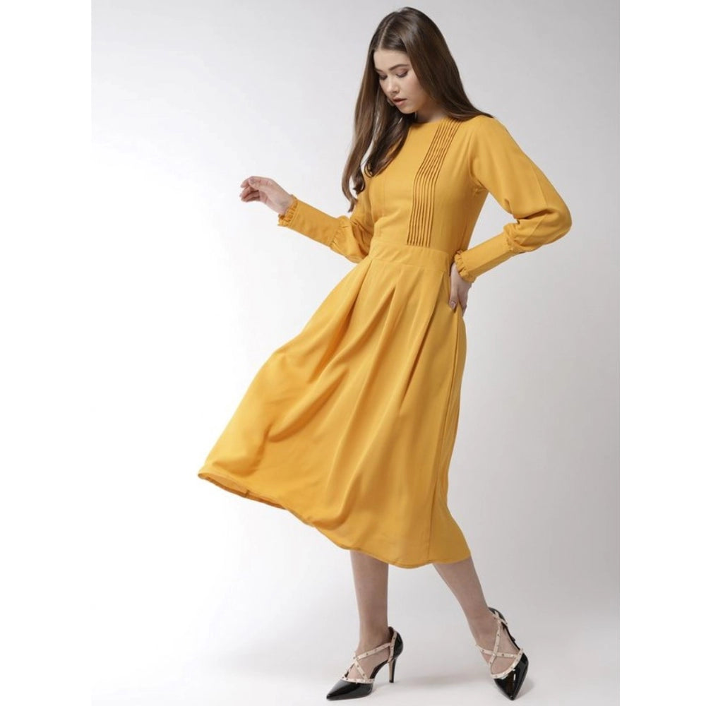 Yellow polyester pintuck long sleeves below knee dress for women