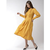 Yellow polyester pintuck long sleeves below knee dress for women