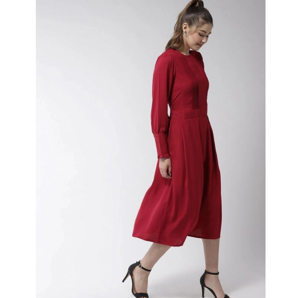 Red polyester pintuck long sleeves below knee dress for women