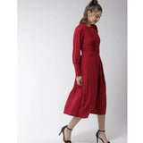 Women's Polyester Pintuck Long Sleeves Below Knee Dress (Red)