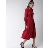 Red polyester pintuck long sleeves below knee dress for women