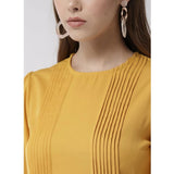 Yellow polyester pintuck long sleeves below knee dress for women