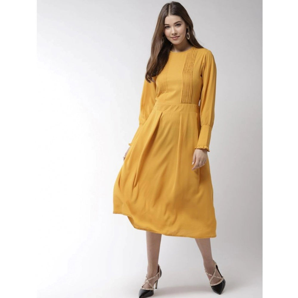 Yellow polyester pintuck long sleeves below knee dress for women