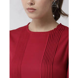 Red polyester pintuck long sleeves below knee dress