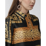 White & Orange satin animal print dress with 3/4th sleeves, above knee length