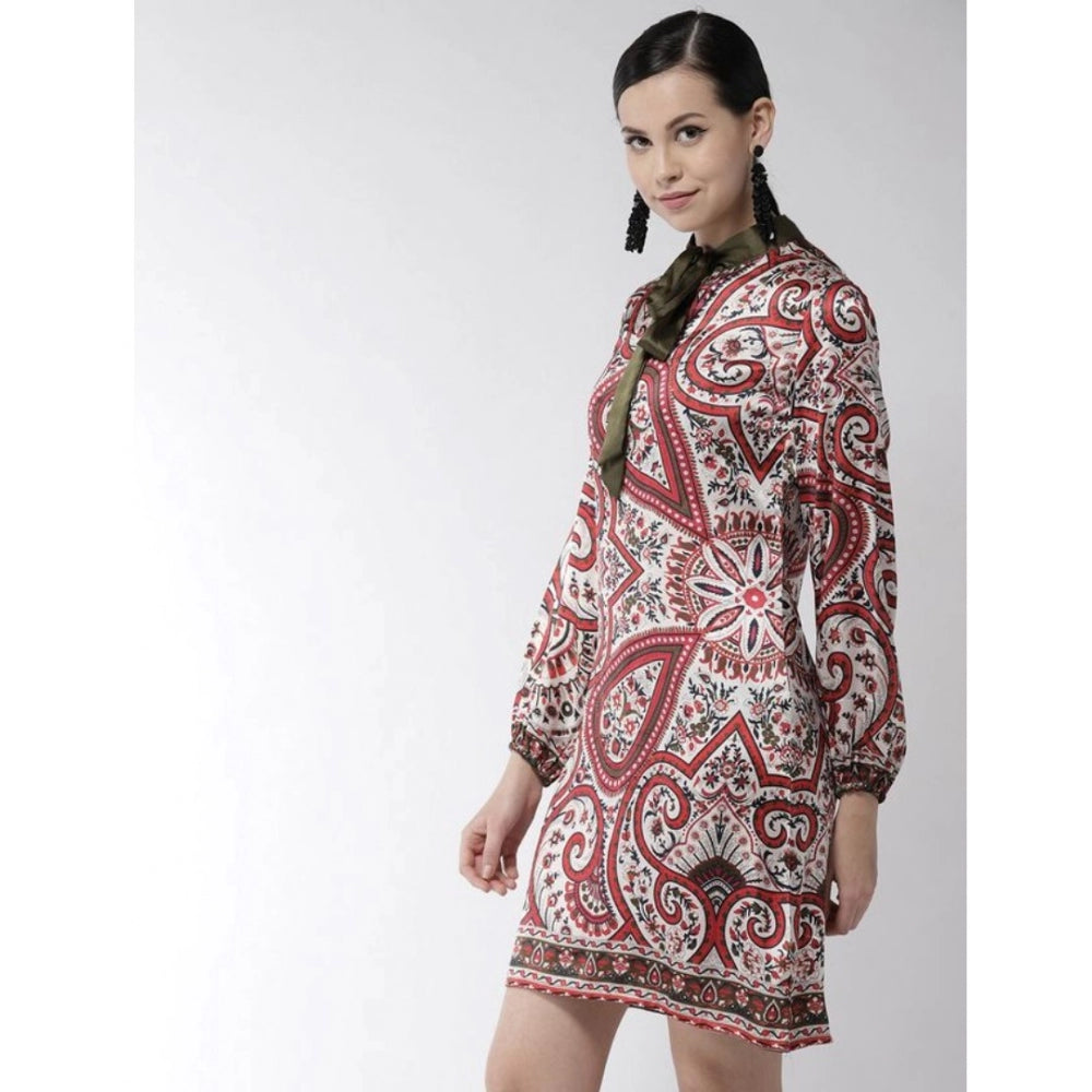 Red polyester printed long sleeve dress with above knee length, features intricate design pattern