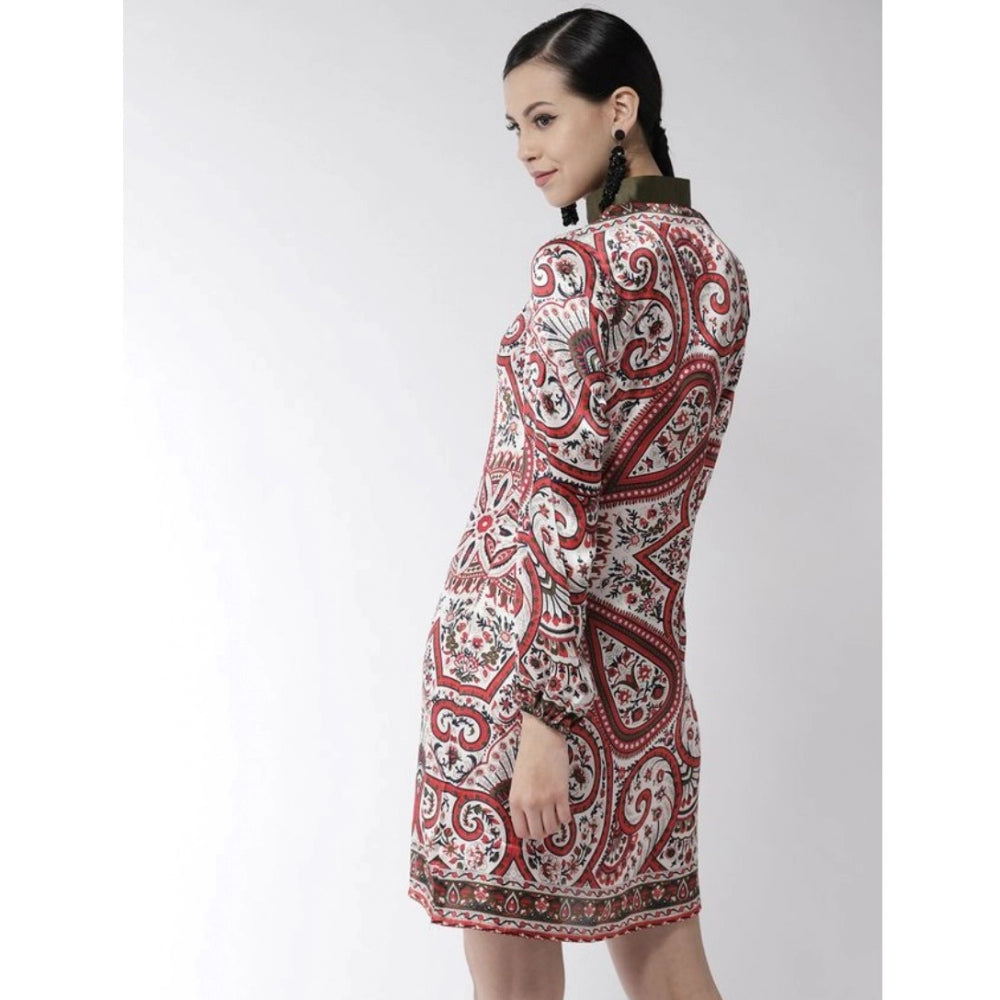 Red polyester printed long sleeve above knee dress, intricate pattern detail on display