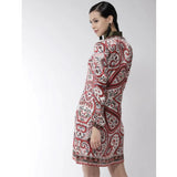 Red polyester printed long sleeve above knee dress, intricate pattern detail on display