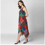 Multicolor polyester asymmetrical shoulder straps knee-length dress for women, featuring round neck and diverse hues