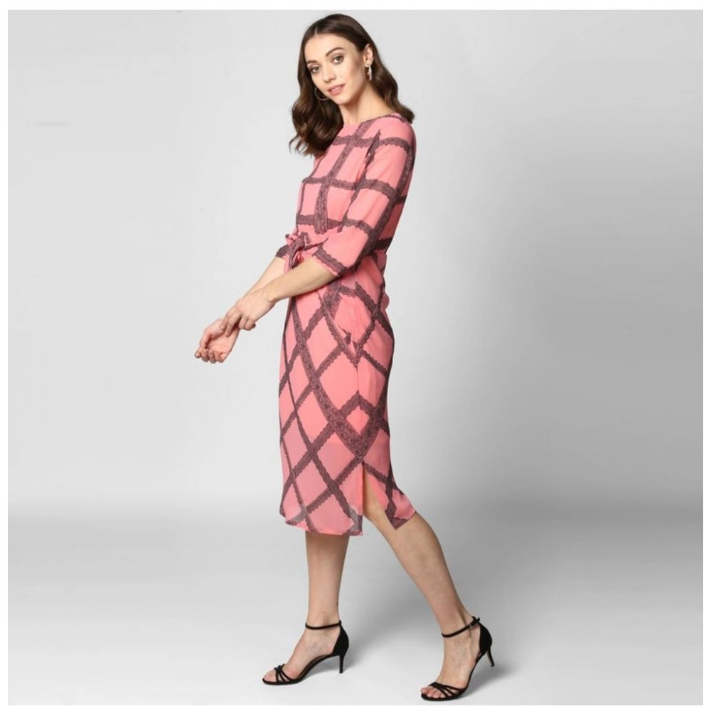 Pink & Black polyester checkered 3/4 sleeve below knee dress for women on mannequin