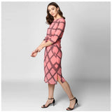 Women's Polyester Checkered 3-4th Sleeves Below Knee Dress (Pink - Black)