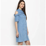 Blue denim cold shoulder above-knee dress with solid pattern
