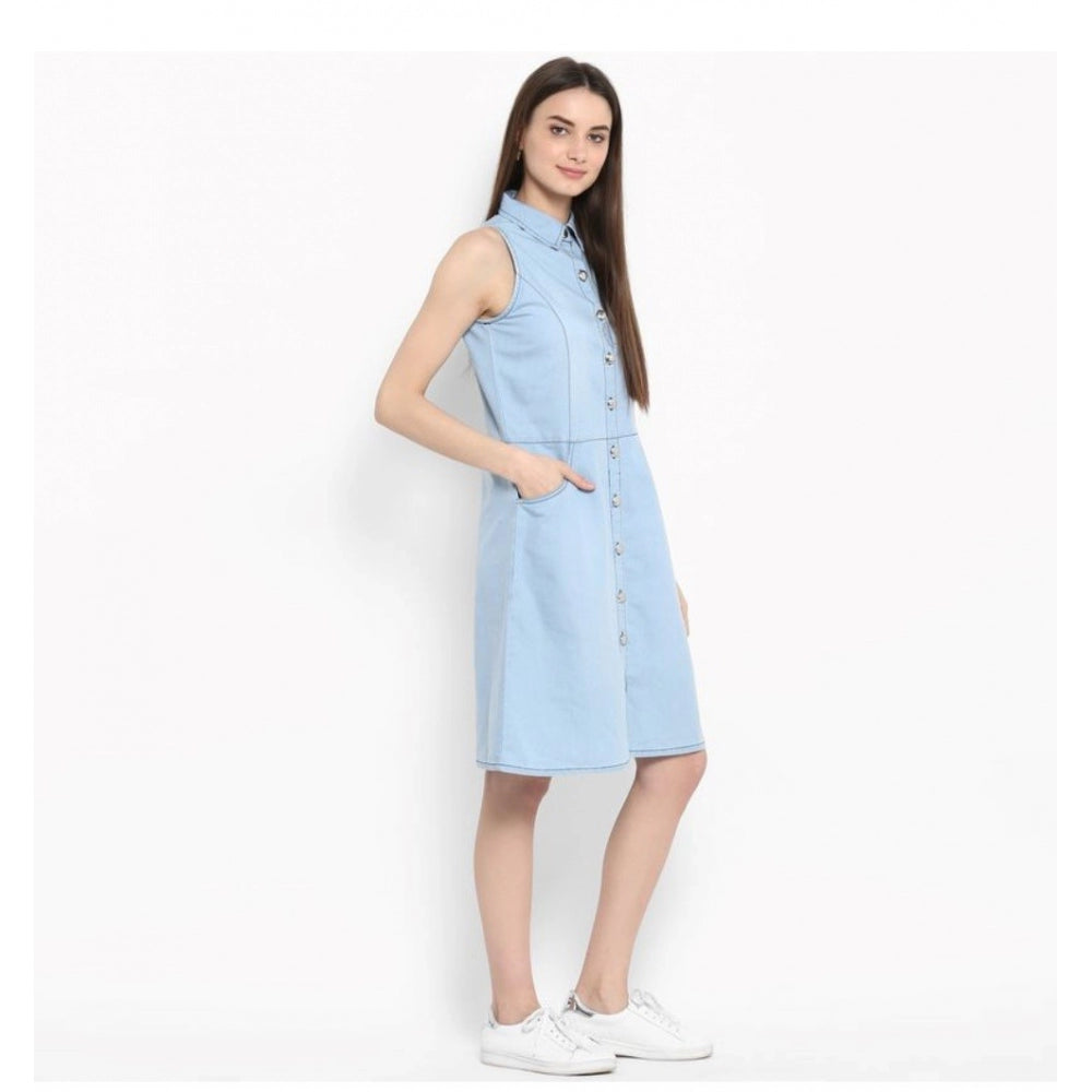 Blue denim solid sleeveless below knee dress for women