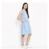 Blue denim solid sleeveless below knee dress for women