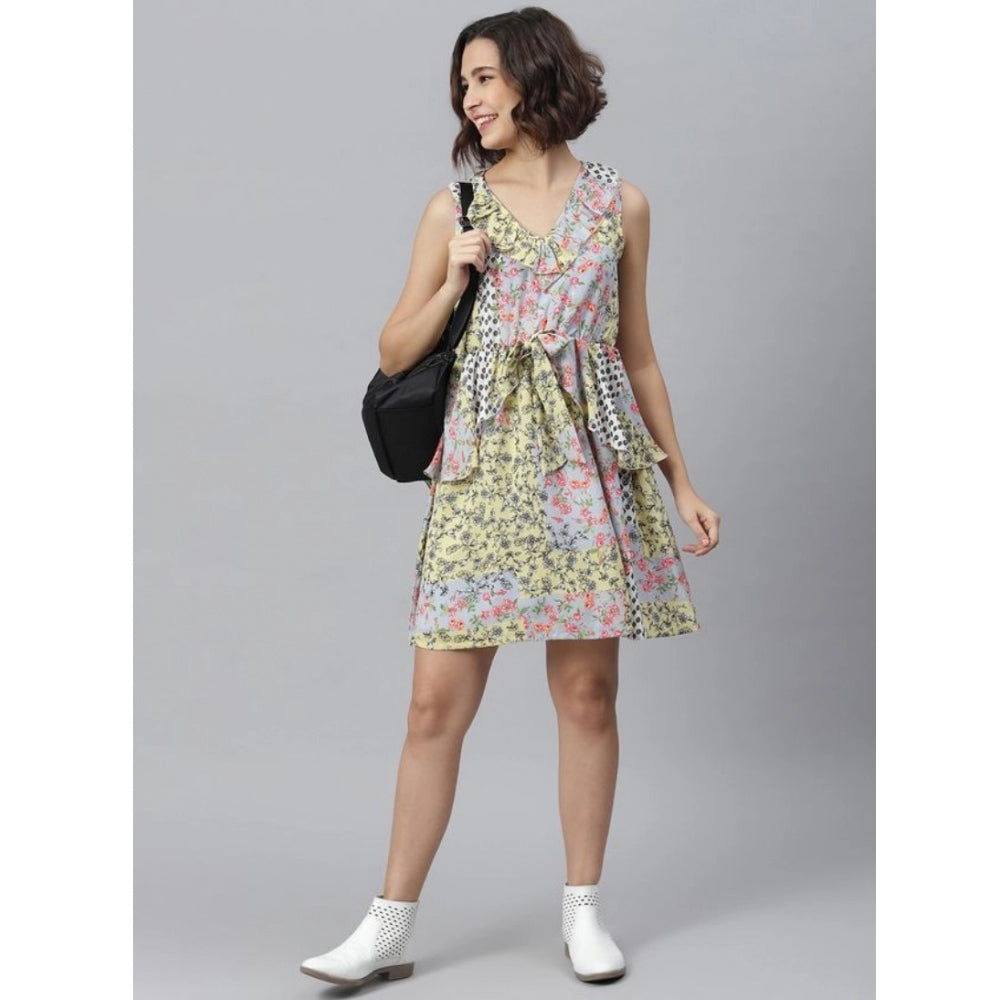 Multicolor polyester peplum sleeveless dress for women, vibrant pattern on display
