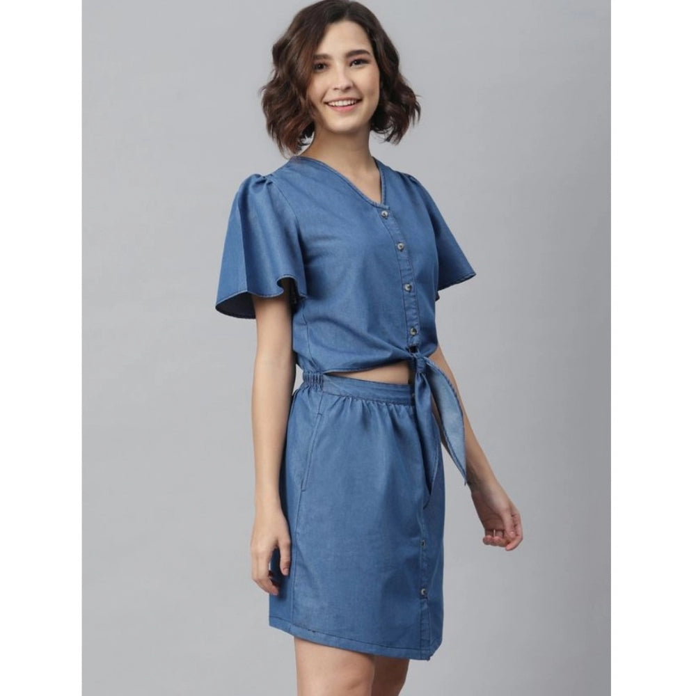 Blue denim flutter dress with v-neck, solid pattern, above knee length