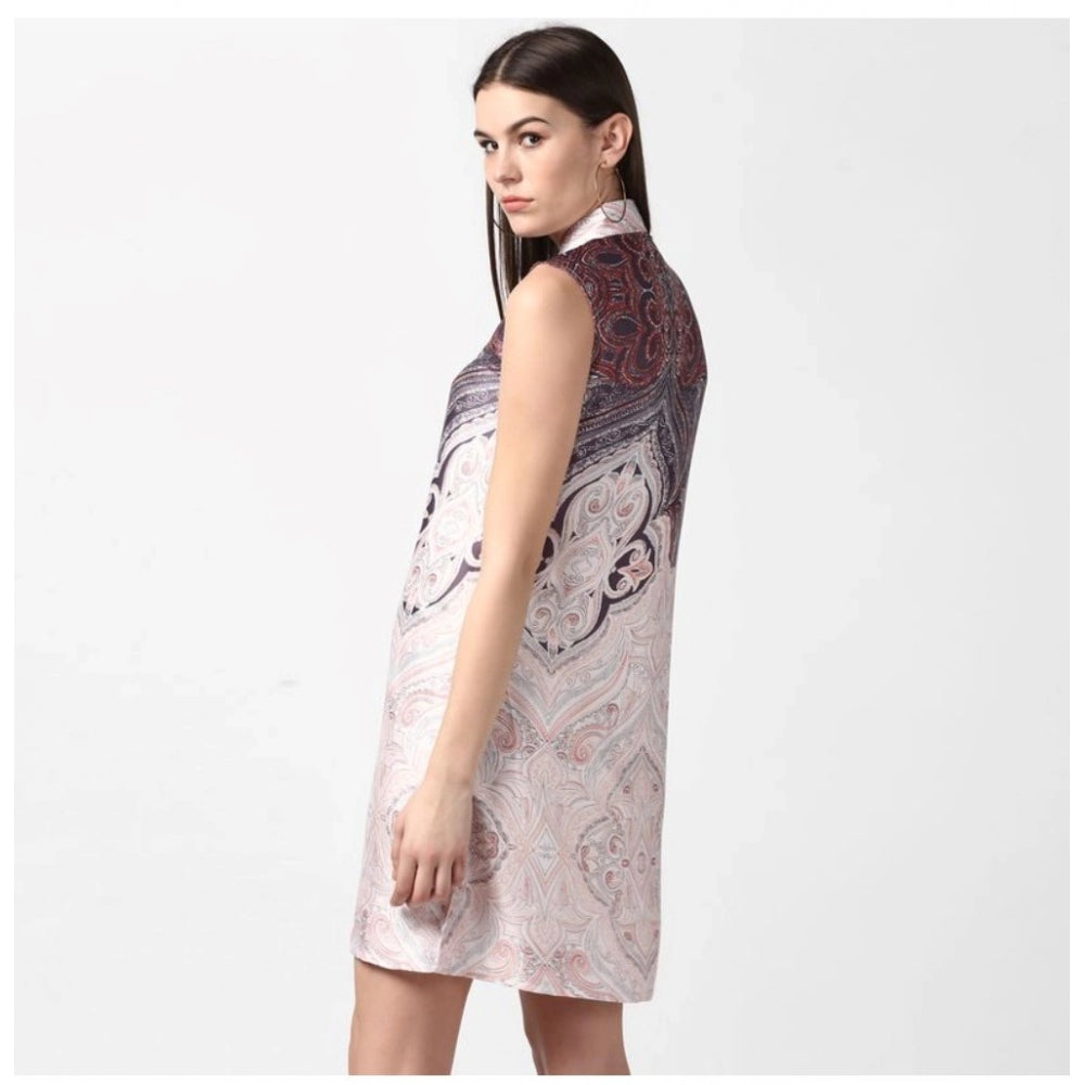 Orange polyester printed sleeveless above-knee dress with collar, vibrant pattern visible