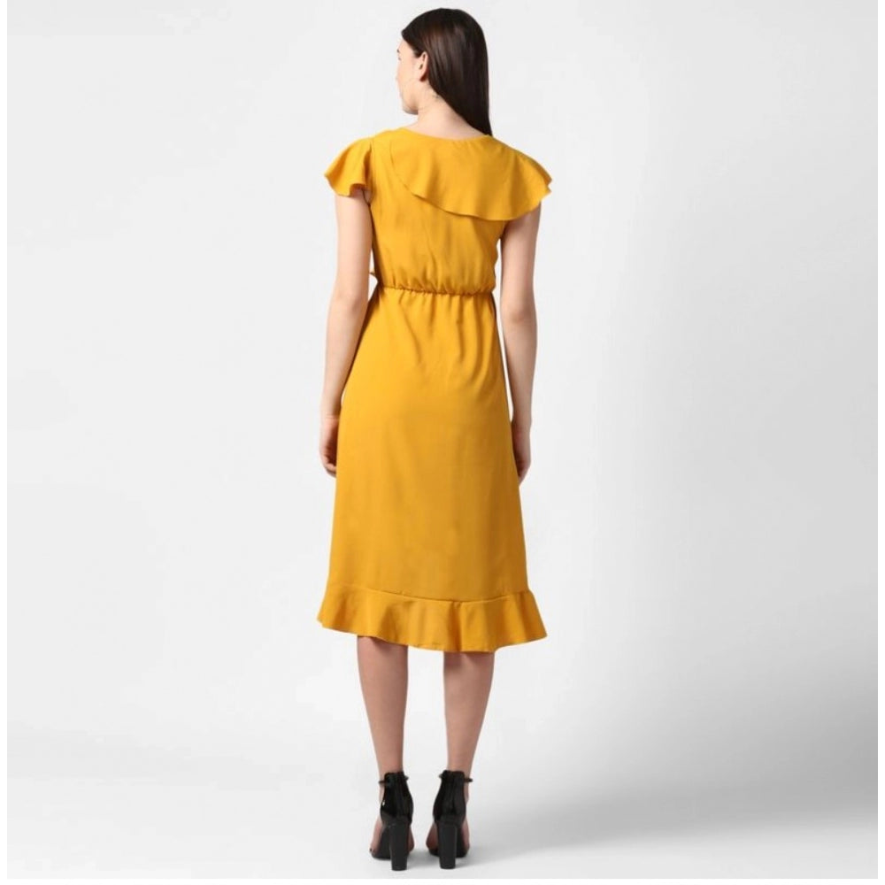 Yellow polyester ruffled cap sleeve knee-length dress for women