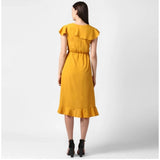 Yellow polyester ruffled cap sleeve knee-length dress for women