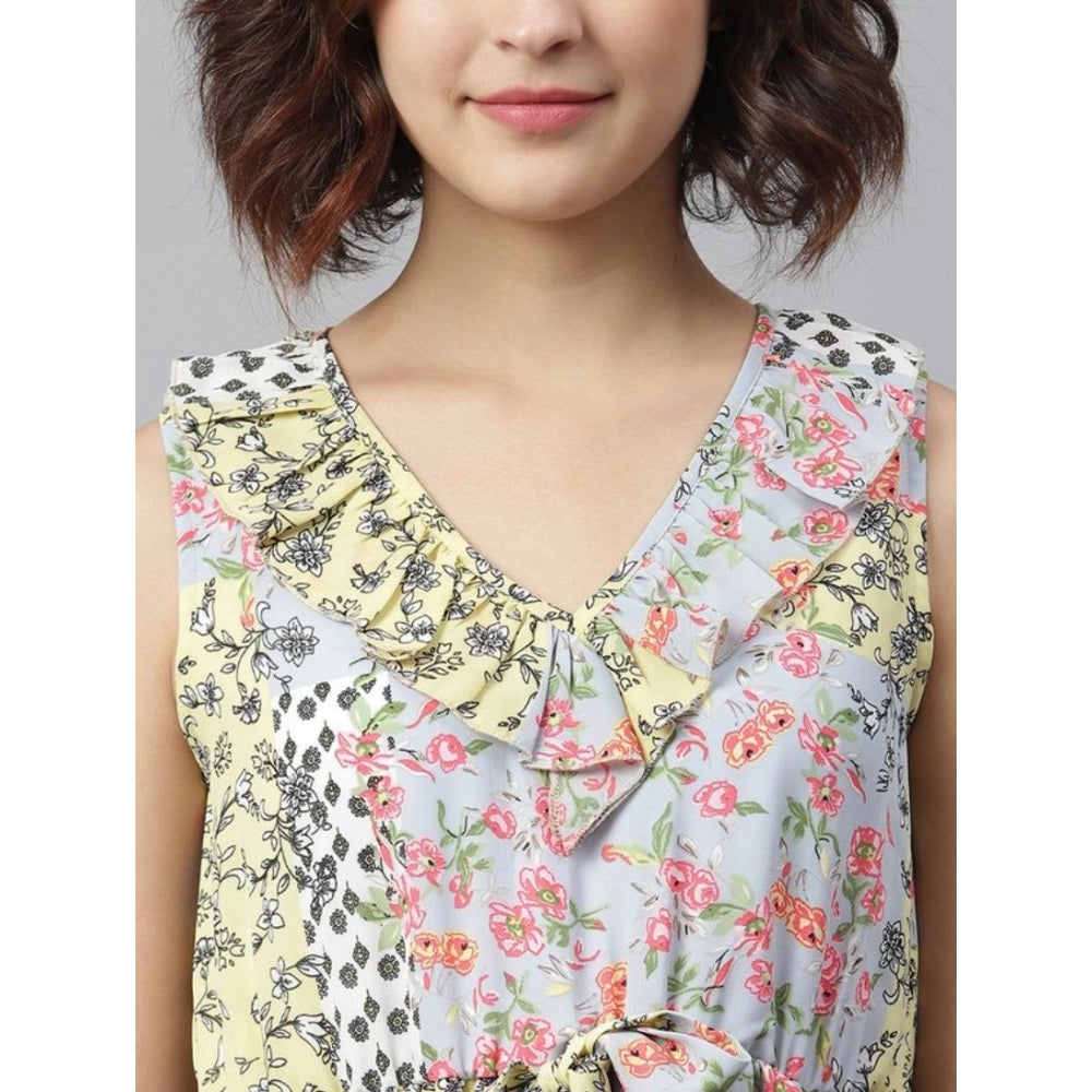 Multicolor polyester peplum sleeveless dress with v-neck, ideal for summer events