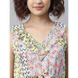 Multicolor polyester peplum sleeveless dress with v-neck, ideal for summer events