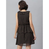 Black polyester peplum sleeveless above-knee dress on hanger