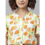 Orange & yellow printed flutter dress, women's polyester above-knee style on mannequin