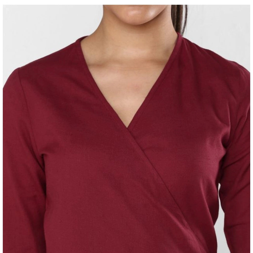Maroon cotton solid 3/4th sleeve above knee dress - women's fashion wear on mannequin