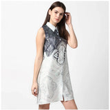 Blue polyester printed sleeveless above-knee dress with collar detail, patterned style