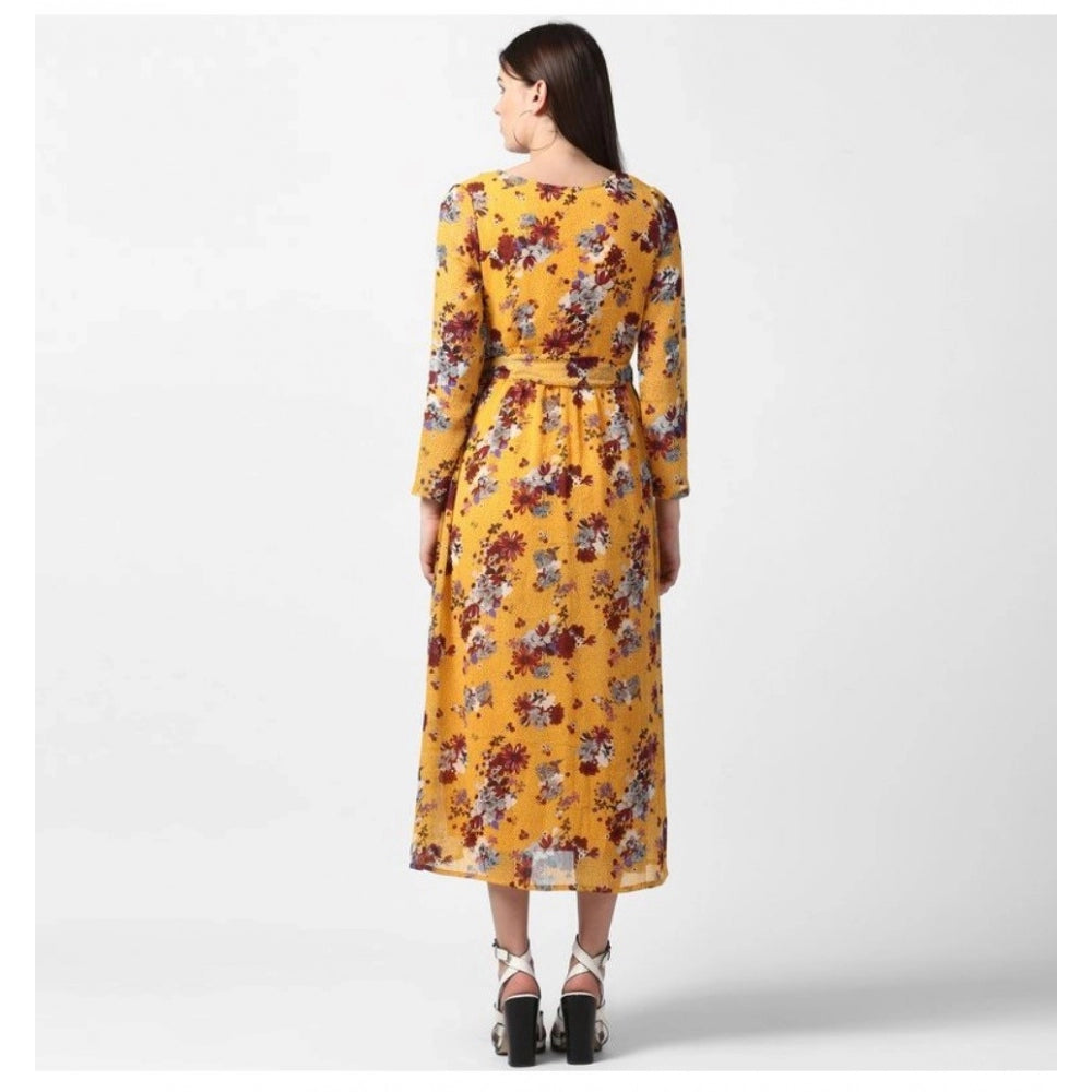 Yellow polyester floral long sleeves calf-length dress for women on mannequin
