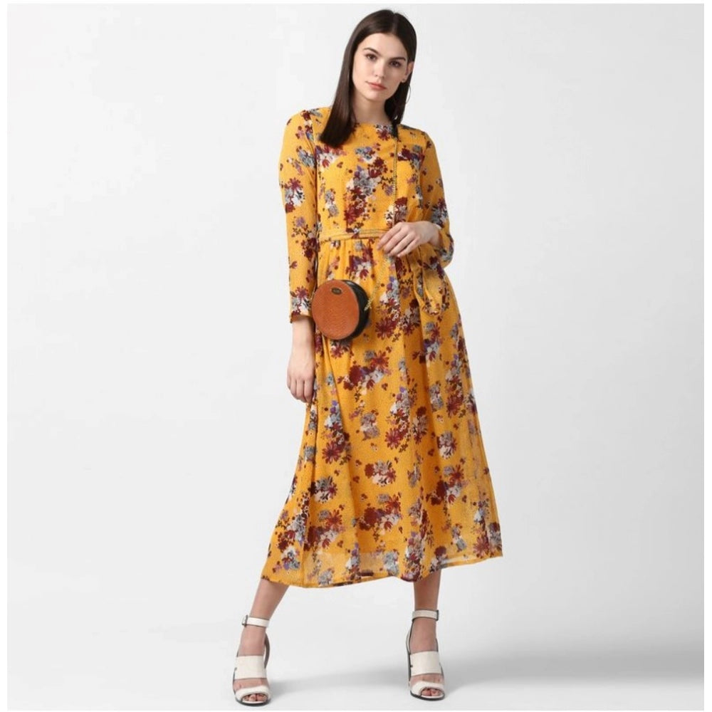 Yellow polyester floral long sleeves calf-length dress for women, vibrant floral pattern on a comfortable fit