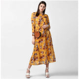Yellow polyester floral long sleeves calf-length dress for women, vibrant floral pattern on a comfortable fit