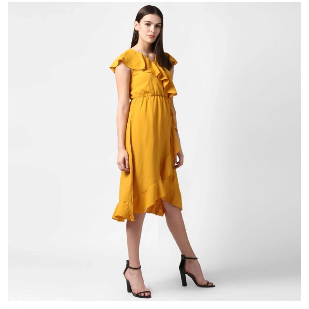 Yellow polyester ruffled cap sleeve knee-length dress for women