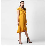 Yellow polyester ruffled cap sleeve knee-length dress for women