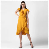 Yellow polyester ruffled cap sleeve knee-length dress for women, vibrant style on display