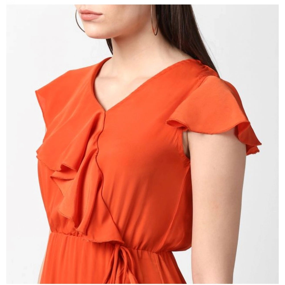 Orange polyester ruffled cap sleeve knee-length dress for women, vibrant detailing on display