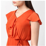 Orange polyester ruffled cap sleeve knee-length dress for women, vibrant detailing on display