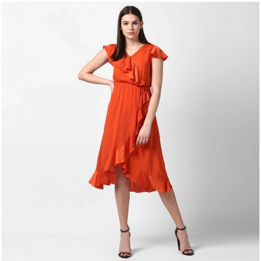 Orange polyester ruffled cap sleeve knee-length dress with v neck