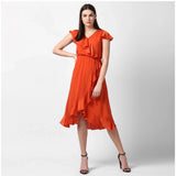 Women's Polyester Ruffled Cap Sleeve Knee-Length Dress (Orange)