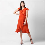 Orange polyester ruffled cap sleeve knee-length dress with v neck