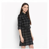 Black & White checkered polyester roll up sleeve above knee dress for women