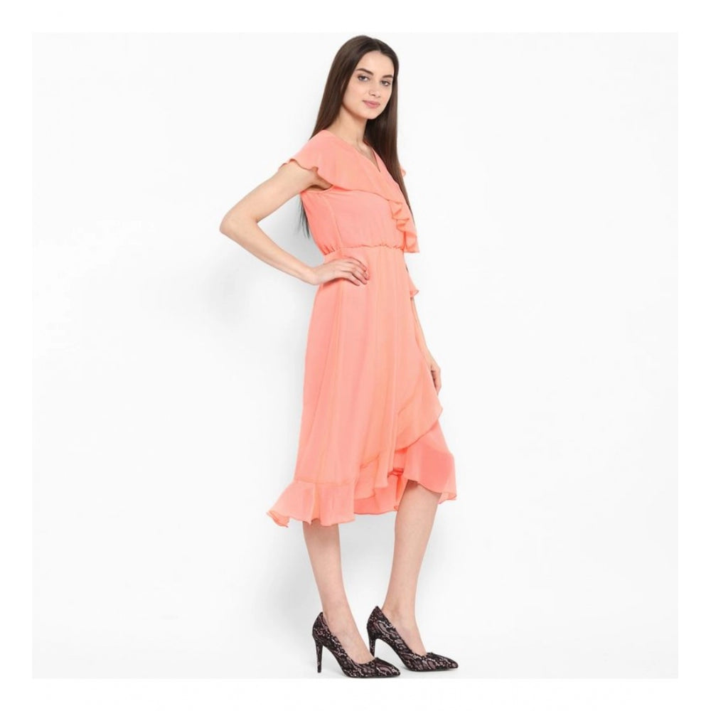 Neon pink polyester ruffled cap sleeve below knee dress for women, vibrant pattern and flattering silhouette