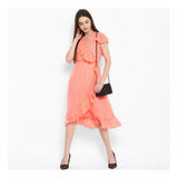 Neon pink polyester ruffled cap sleeve below knee dress for women, vibrant color and ruffled detailing