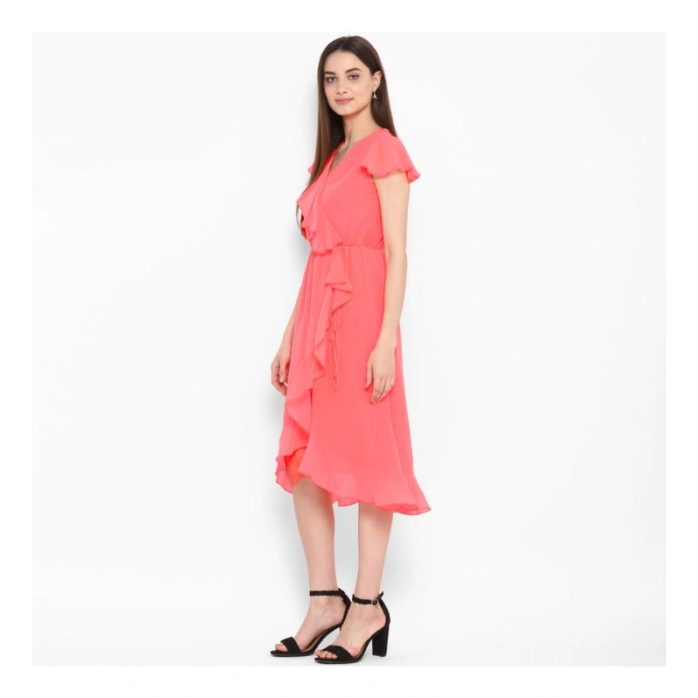 Coral pink polyester ruffled cap sleeve below knee dress for women on fashion mannequin