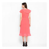 Coral pink polyester ruffled cap sleeve dress for women - below knee length, vibrant pattern design
