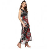 Red & Black printed polyester sleeveless dress for women